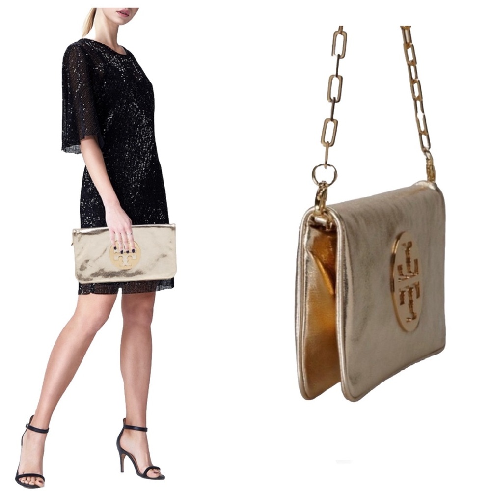 SOLD!!Tory Burch Metallic Gold Leather Reva Chain Shoulder Bag / Clutch w/ COA - Picture 9 of 16